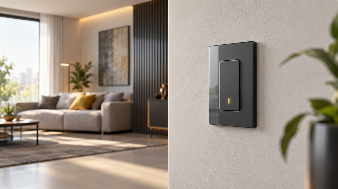 Interruptor inteligente instalado em uma parede de ambiente residencial moderno
