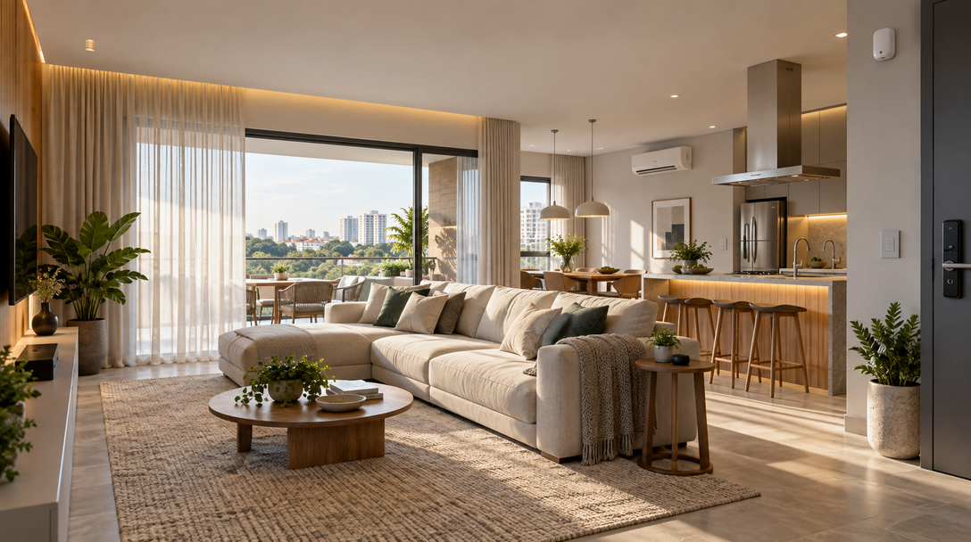 Ambiente residencial moderno com iluminação e dispositivos automatizados