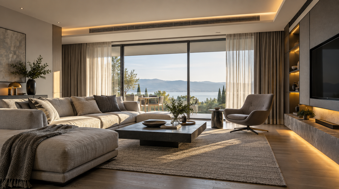 Sala residencial com iluminação, cortinas e climatização integradas por automação
