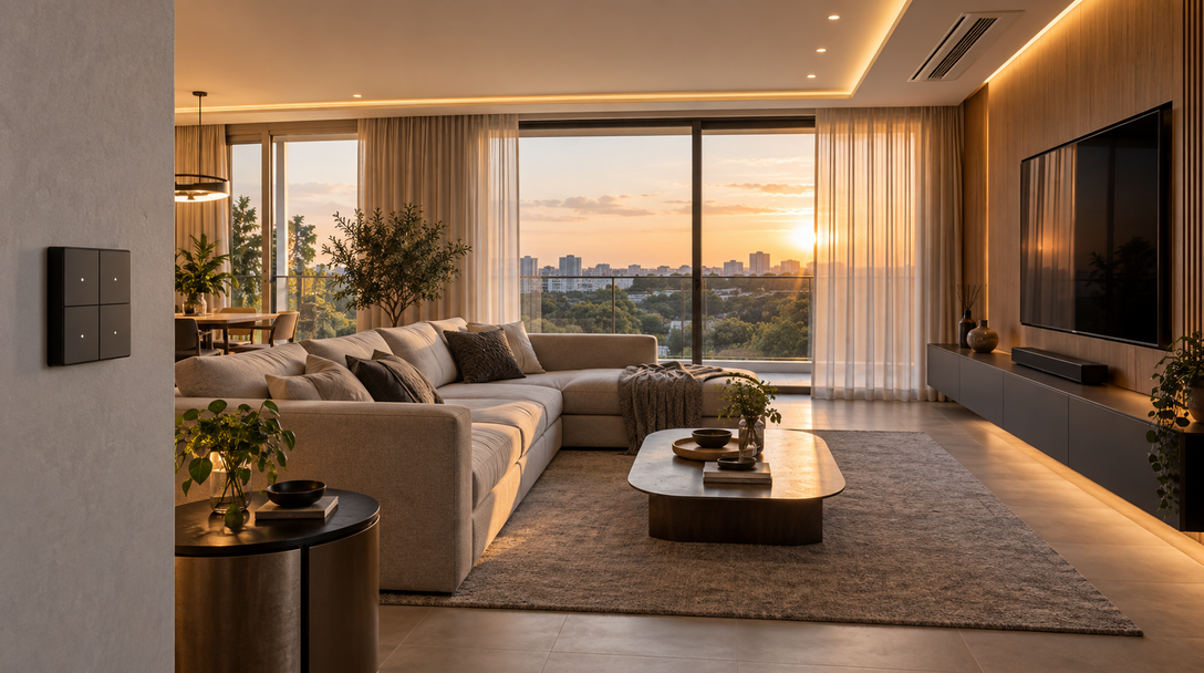 Ambiente residencial com iluminação, cortinas e equipamentos integrados por automação