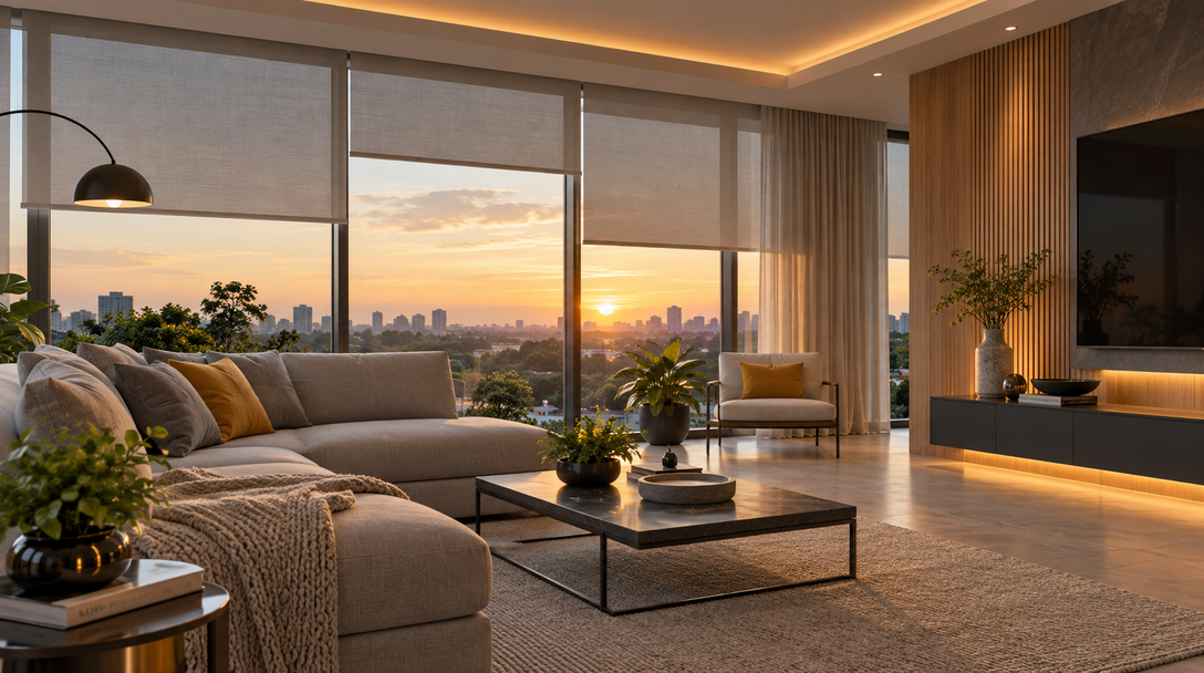 Sala residencial com iluminação e cortinas automatizadas em uma cena de automação