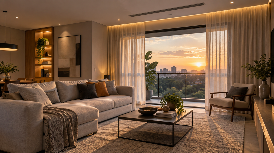 Sala residencial com iluminação, cortinas e climatização integradas em uma cena de automação