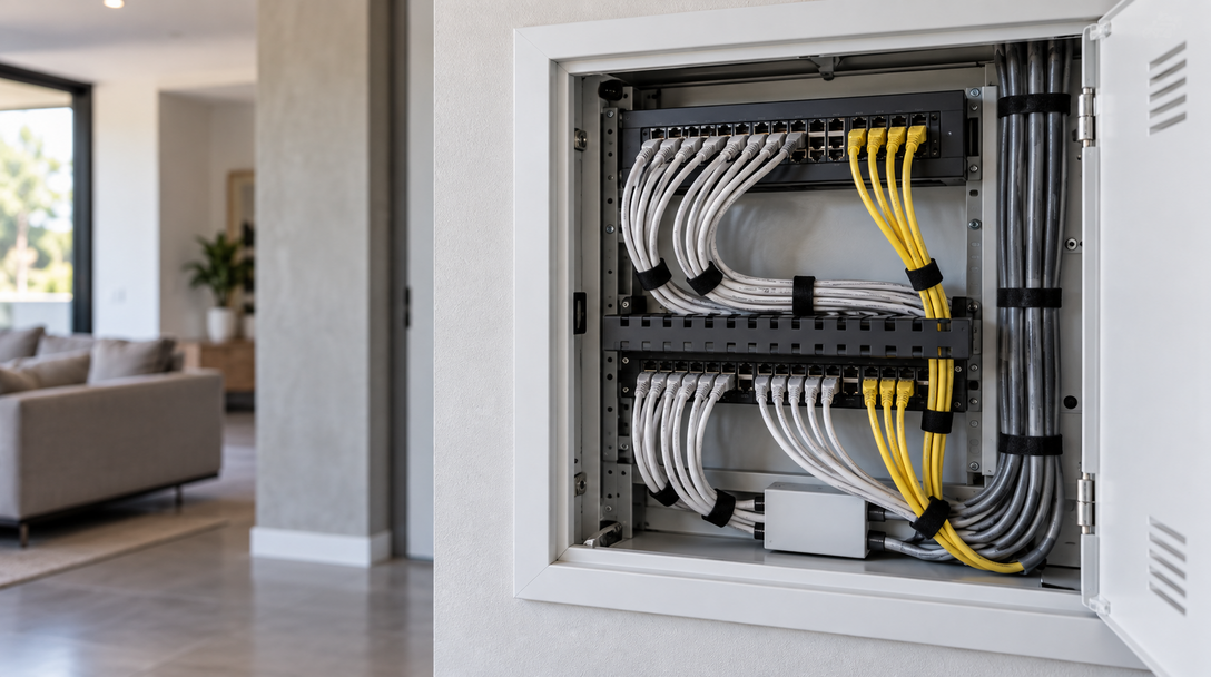 Cabos de rede CAT5e e CAT6 organizados em um quadro de distribuição residencial