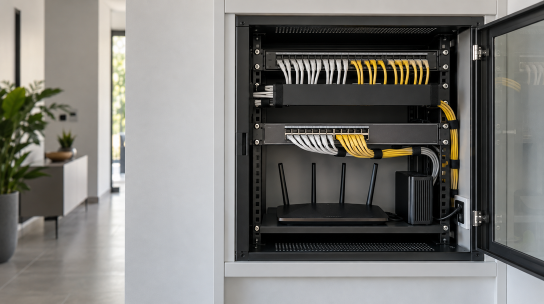 Rack de rede residencial organizado com equipamentos de conectividade