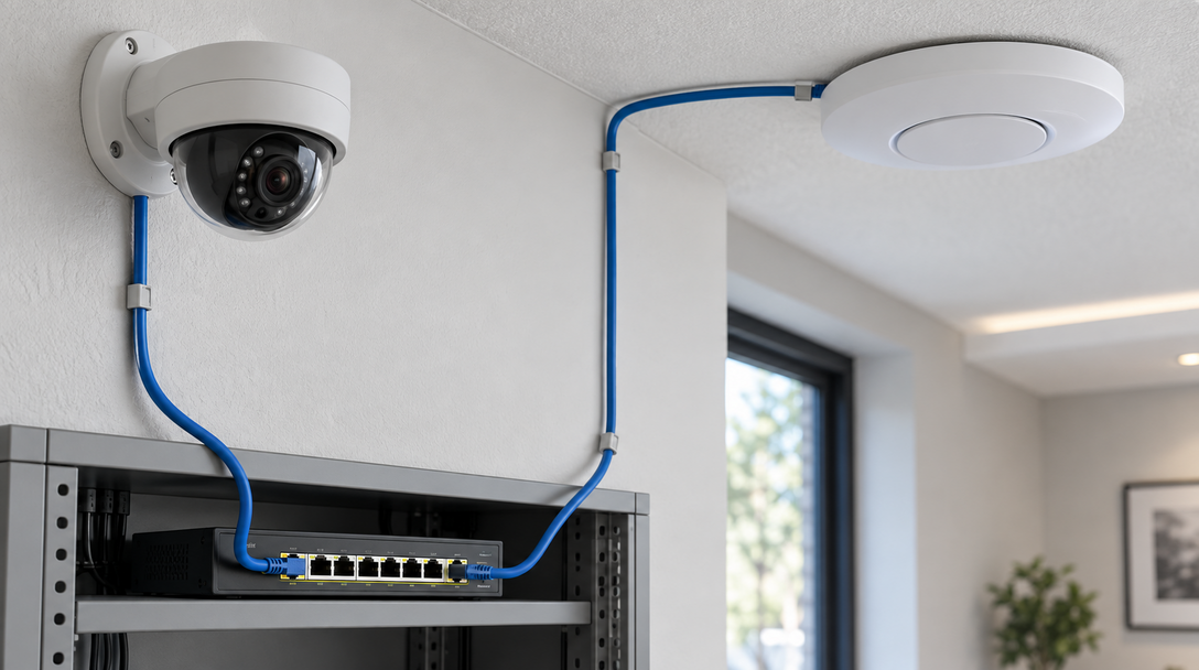 Câmera IP e Access Point conectados a um switch de rede em uma instalação profissional