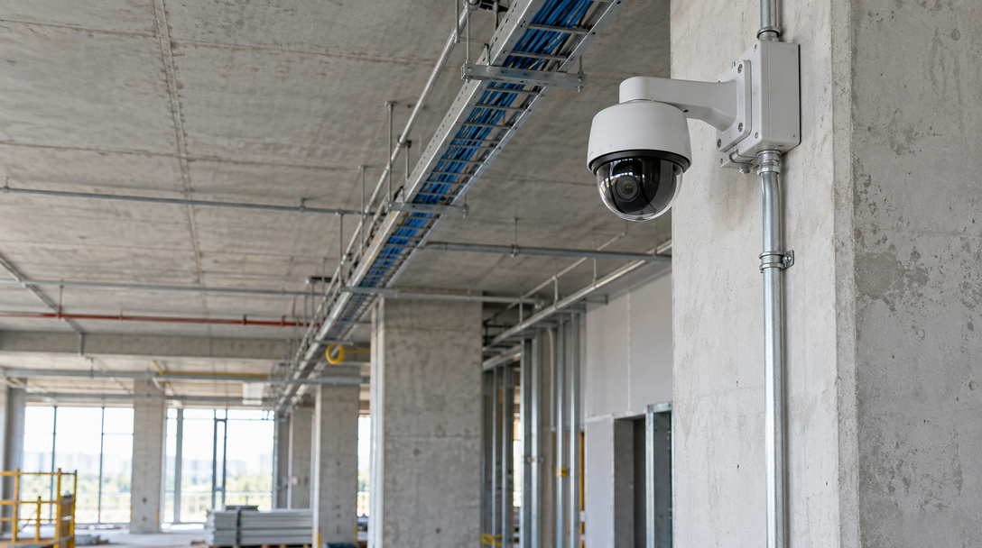 Câmera de segurança instalada em uma edificação em construção