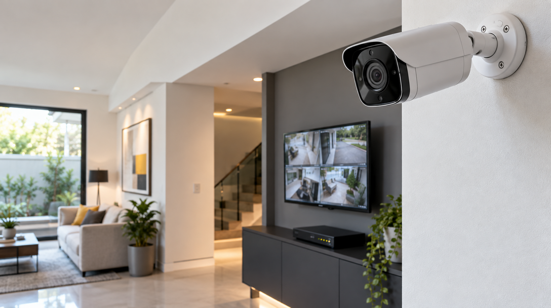 Câmera de segurança instalada em ambiente arquitetônico com sistema de monitoramento
