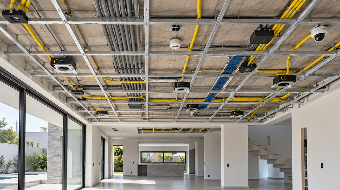 Teto de uma casa nova com infraestrutura elétrica preparada antes do fechamento do gesso