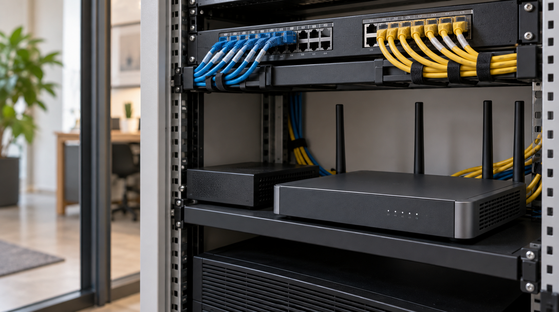 Roteador instalado em um ambiente organizado de infraestrutura de rede