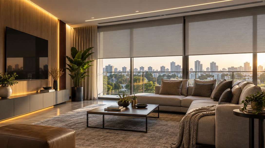 Sala residencial moderna com iluminação e persianas automatizadas