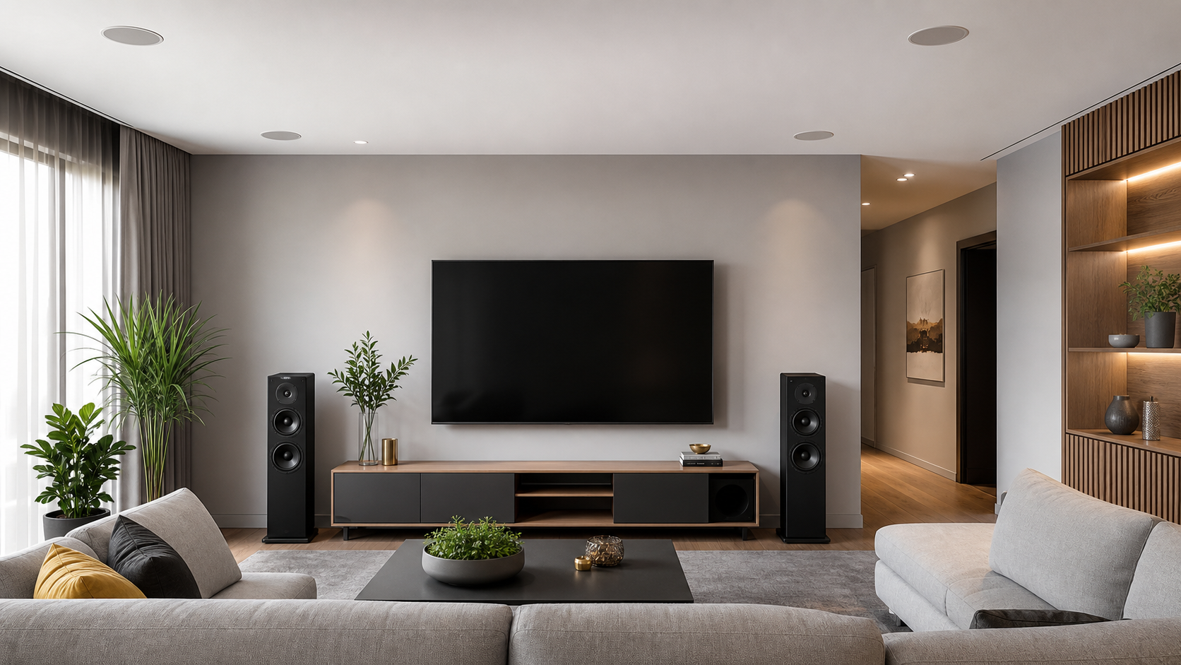Sala residencial moderna com televisão, caixas acústicas e som distribuído