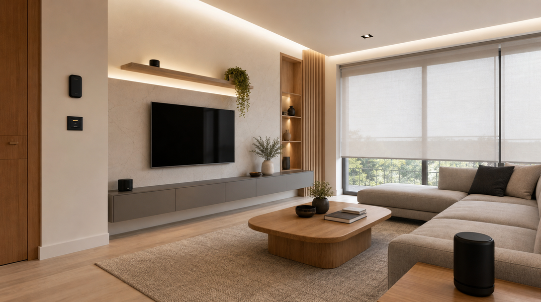 Sala residencial com iluminação, persianas e dispositivos de automação integrados