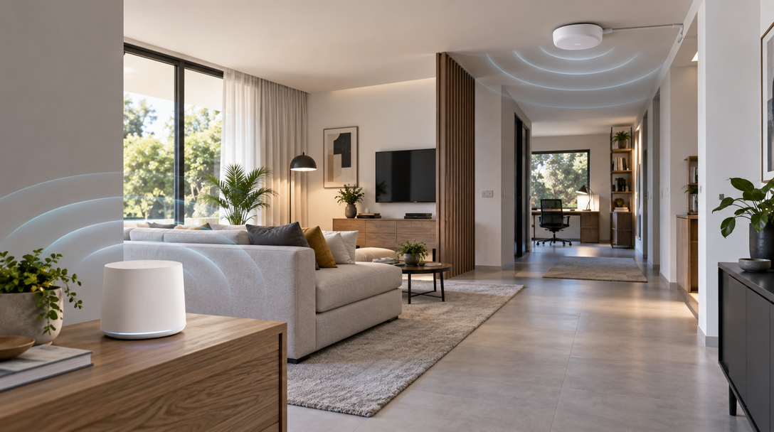 Equipamentos de rede distribuindo sinal Wi-Fi em uma residência moderna