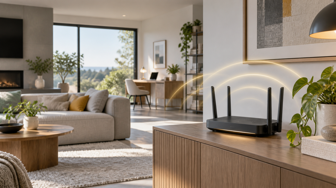 Roteador Wi-Fi instalado em ambiente residencial moderno